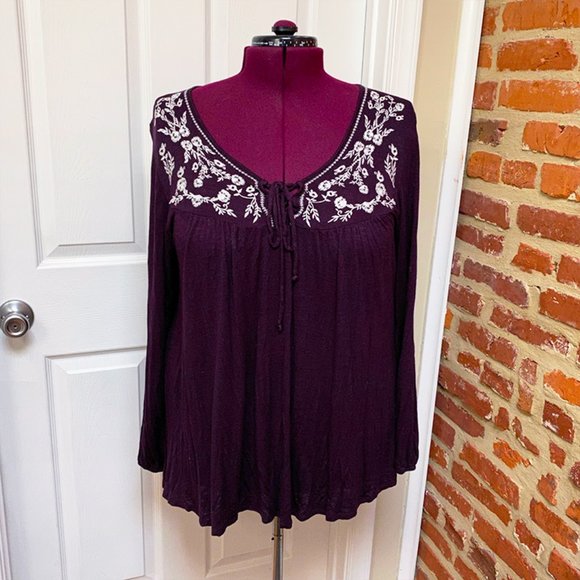 NWOT Sonoma Purple Embroidered Peasant Top - Picture 2 of 5